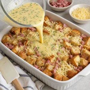 Composto di uova versato su pane, prosciutto e gruyere