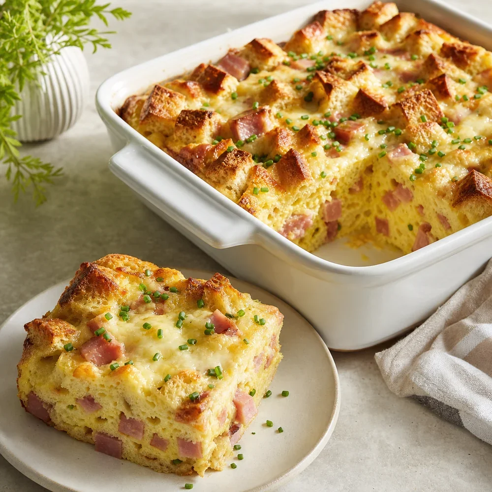 Strata da colazione con prosciutto e gruyere pronta con una porzione nel piatto