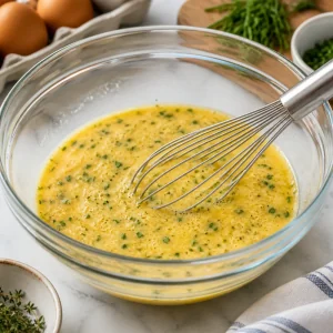 Crema di uova alle erbe sbattuta in una ciotola di vetro