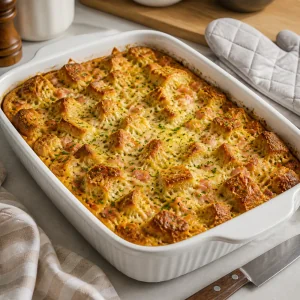 Strata con prosciutto e gruyere gonfia e dorata appena sfornata