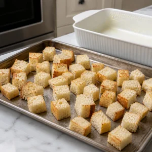 Cubetti di pane tostato su una teglia accanto a una pirofila imburrata