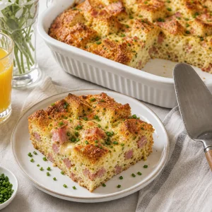 Fetta calda di strata con prosciutto e gruyere servita con erba cipollina