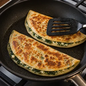 Gozleme relleno dorándose en una sartén bajo una espátula