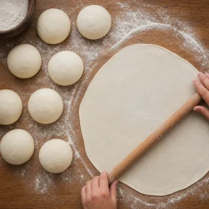 Porciones de masa de gozleme con una pieza estirada en un círculo fino