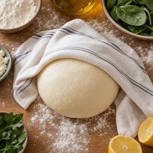 Masa lisa de gozleme reposando bajo un paño de cocina