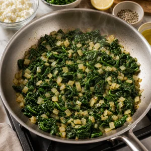 Espinacas y cebolla cocinándose en una sartén para el relleno de gozleme