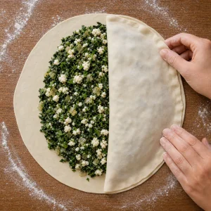Relleno de espinacas y feta sobre masa fina mientras se cierra el gozleme