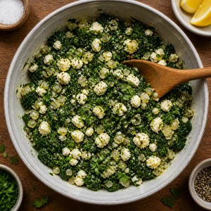 Relleno de espinacas mezclado con feta, perejil, limón y pimienta