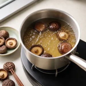 Dried shiitake mushrooms simmering in vegetable broth for vegetarian soup dumplings.