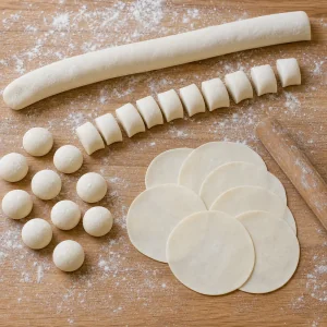 Dumpling dough cut into equal pieces and rolled into thin round wrappers.