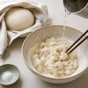Hot water stirred into flour with chopsticks to form soup dumpling dough.
