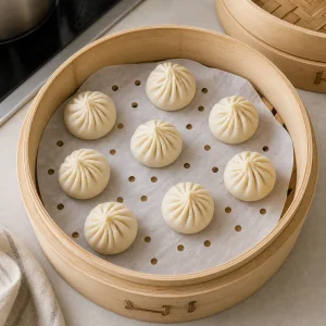Pleated soup dumplings arranged in a parchment-lined bamboo steamer.