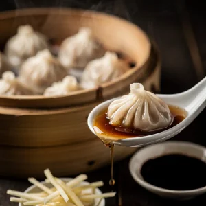 Steaming vegetarian soup dumplings in a bamboo steamer with one dumpling on a spoon showing the broth