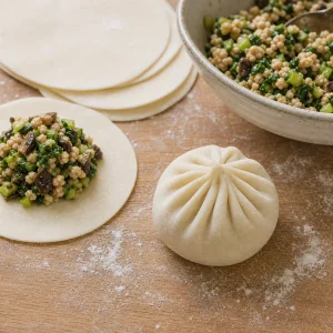 Vegetarian filling placed on a wrapper and pleated into a sealed soup dumpling.