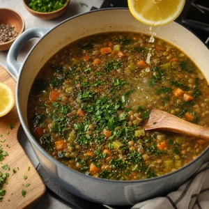Gekochte Linsen-Gemüsesuppe wird mit Petersilie, schwarzem Pfeffer und frischem Zitronensaft verfeinert