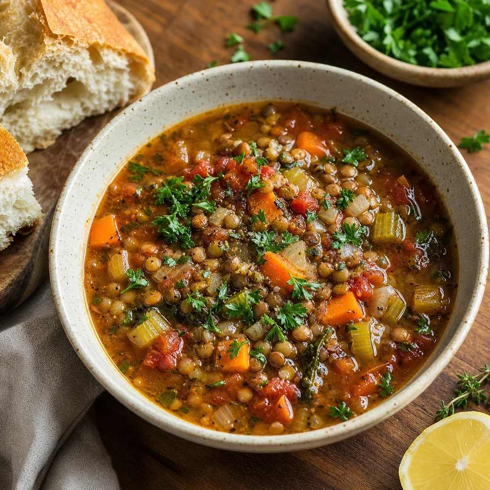 Fertige Ernte-Linsen-Gemüsesuppe mit Kräutern, Karotten, Tomaten, Sellerie, Petersilie, Zitrone und knusprigem Brot