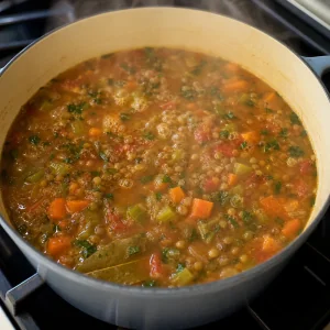 Linsen-Gemüsesuppe köchelt sanft mit sichtbaren Linsen, Gemüse, Kräutern und Dampf