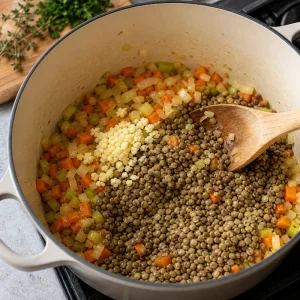 Gehackter Knoblauch und trockene Linsen werden unter das weiche Gemüse im Suppentopf gerührt