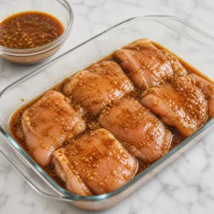 Sobrecoxas de frango na marinada com molho reservado ao lado