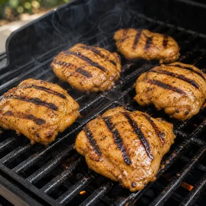 Sobrecoxas de frango grelhando com marcas evidentes
