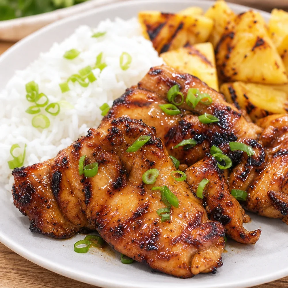 Frango huli huli pronto com cebolinha, arroz e abacaxi grelhado