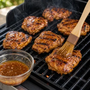 Frango virado na grelha pincelado com cobertura cozida