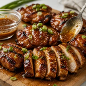 Frango huli huli descansado e fatiado com cebolinha e cobertura
