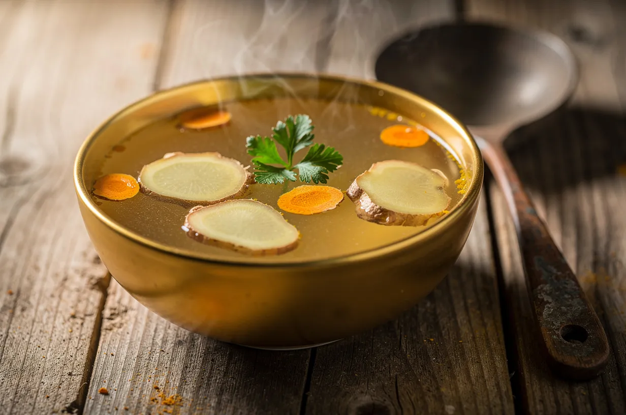 Целебный костный бульон с куркумой и имбирём — золотой