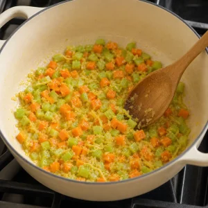 Carrots, celery, and onion softening in a soup pot