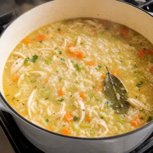 Chicken and rice soup thickened with tender rice