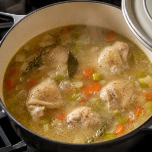 Chicken simmering in golden broth with vegetables and herbs