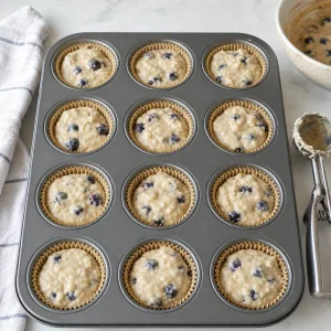 Blueberry muffin batter portioned three quarters full in lined muffin cups