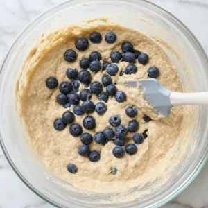 Fresh blueberries gently folded into thick protein muffin batter