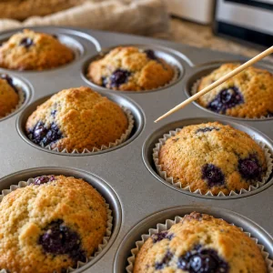Golden baked blueberry protein muffins tested with a clean toothpick