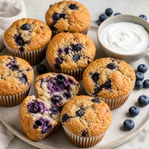 Healthy blueberry protein muffins with Greek yogurt served with fresh blueberries