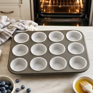 Muffin tin lined with paper cups and ready for blueberry protein muffin batter