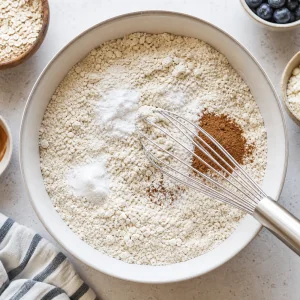 Oat flour protein powder baking powder cinnamon and salt whisked together
