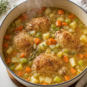 Poulet et légumes mijotant dans le bouillon