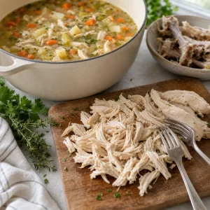 Poulet cuit effiloché à côté de la soupe