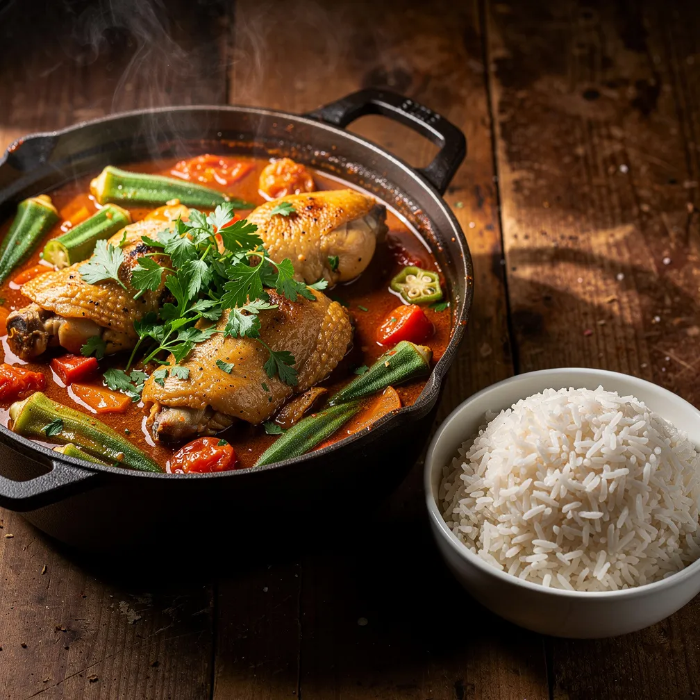 김이 나는 닭고기 찜과 슬라이스된 오크라와 토마토가 진한 빨간 육수에 담긴 모습