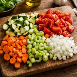 Mundgerecht geschnittenes Gemuese fuer Suppe