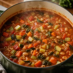 Italienische Gemuesesuppe koechelt im Topf