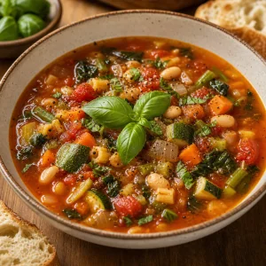 Servierte italienische Gemuesesuppe mit frischem Basilikum