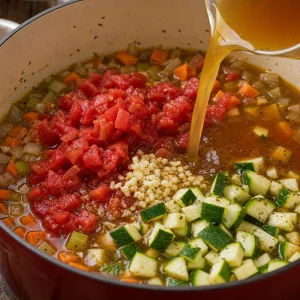 Tomaten Bruehe Knoblauch und Zucchini im Topf