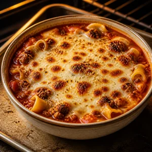 Broiled lasagna soup with golden browned cheese on top