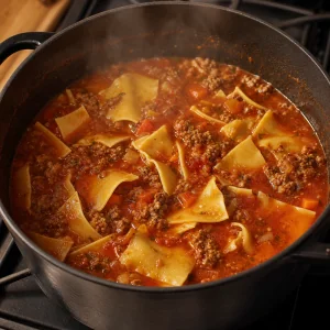 Broken lasagna noodles simmering in tomato meat soup