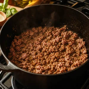 Browned sausage and beef crumbles in a Dutch oven