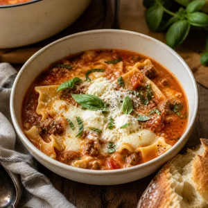 Finished lasagna soup with melted cheese, basil, and crusty bread