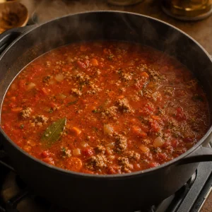 Lasagna soup base gently simmering with meat and herbs
