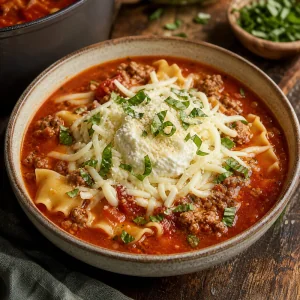 Lasagna soup topped with ricotta, mozzarella, Parmesan, and basil